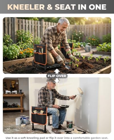 KVR Garden Kneeler and Seat with 2 Tool Pouches, Heavy Duty Foldable Gardening Stool, Portable Bench with Thick EVA Foam for Knee Support, Gifts for Seniors, Black/Orange - Image 5