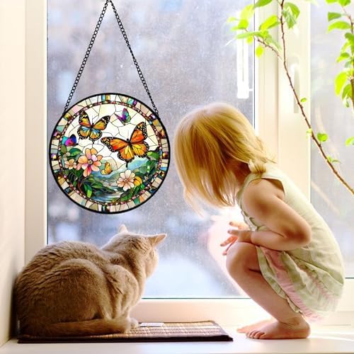 Butterflies and Flowers Stained Glass Window Hanging Suncatcher Gifts 12" - Image 3