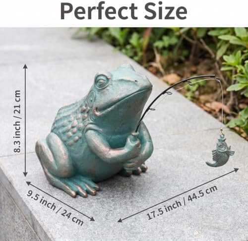 Larger Frog Statues Outdoor Garden Decor - 8.3" Antique Copper Fishing Frog Statue Outdoor Garden Statue & Koi Pond Decor, Animals Sculpture Accessory for Patio, Lawn, Yard Decoration, Gift for Mom - Image 3