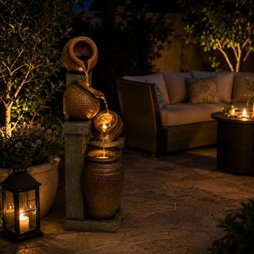 Outdoor Water Fountain with LED Lights, 34.84" Resin Tiered Jar Fountain for Patio, Garden, Porch, Backyard Decor, Freestanding Cascading Garden Fountain - Image 7