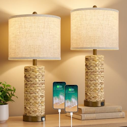 GyroVu Rattan Table Lamps Set of 2, Bedside Lamps for Bedroom Nightstand by WelcomeGyroVu