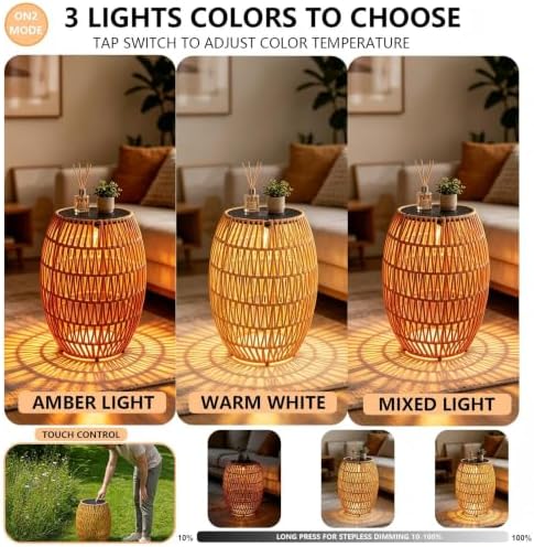 Solar Outdoor Side Table, Boho Handwoven Drum Rattan, 12.8" D x 16.9" H - Image 6