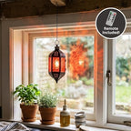 Vela Lanterns Hanging Moroccan Lantern with LED Twinkle Fairy Lights - Exotic Decorative Patio & Porch Decor, Indoor Outdoor Candle Lamp Holder with Chain (13" Large, Amber Glass) - Image 4