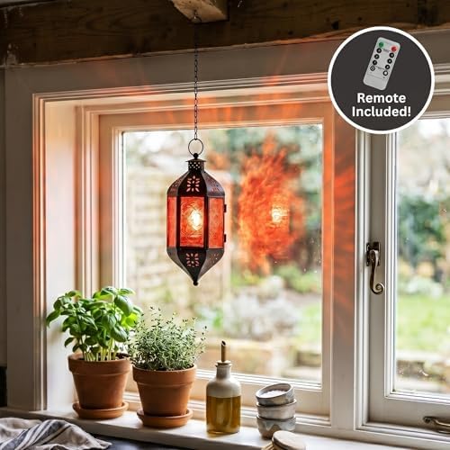 Vela Lanterns Hanging Moroccan Lantern with LED Twinkle Fairy Lights - Exotic Decorative Patio & Porch Decor, Indoor Outdoor Candle Lamp Holder with Chain (13" Large, Amber Glass) - Image 4