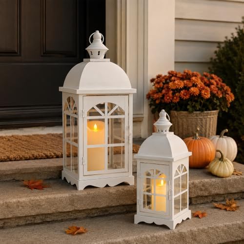 TRIROCKS Set of 2 Decorative Vintage Candle Lanterns 14.5"&20" H Farmhouse Outdoor Hanging Lanterns with Tempered Glass for Porch, Balcony, Patio, Home, Centerpieces, Indoor, Outdoor(White) - Image 2