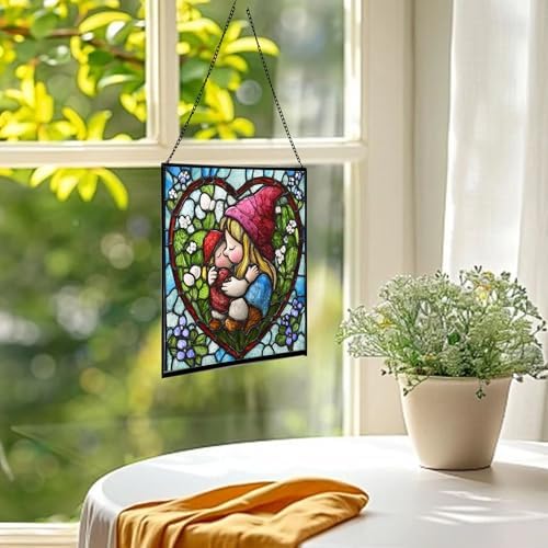 Gnome Hugging Child Stained Glass Suncatcher – Square Hanging Window Panel for Home, Garden, Nursery, Halloween, Christmas, Memorial Day – Whimsical Glass Art Gift for Gnome Lovers bfeiwm - Image 3