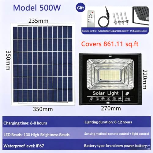 Solar Flood Light, IP67 Waterproof LED Security Light, Auto Dusk to Dawn, Wall Mount Outdoor Floodlight for Yard, Garden, Patio, Street (White, Model 500W) - Image 2