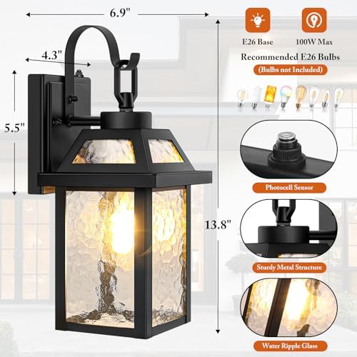 BesLowe 2-Pack Dusk to Dawn Outdoor Wall Lights with Water Ripple Glass - Image 6