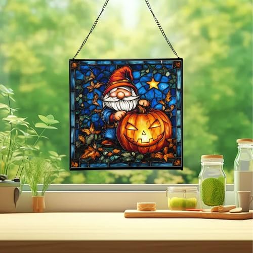 Gnome Pumpkin Lantern Stained Glass Suncatcher – Square Hanging Window Panel for Home or Greenhouse – Whimsical Glass Art Gift for Garden Lovers, Christmas, Halloween, Father Days WY9zHS - Image 2