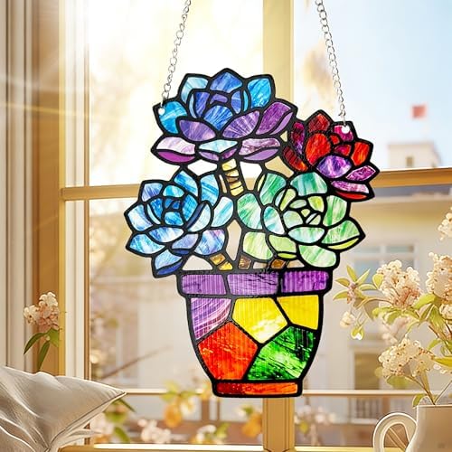 Plant Suncatcher Glass, Stained Glass Suncatcher Plant Window Hanging, Unique Nature Lover Gifts Leaf Idea (Succulent) - Image 2