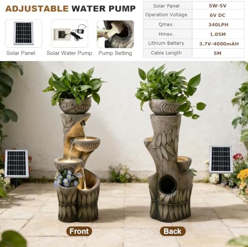 35.5" H Solar Water Fountain Outdoor with LED Lights, 4-Tier Cascading Garden Fountain with Planter Pots, Solar Powered Waterfall for Patio Yard Porch - Image 6