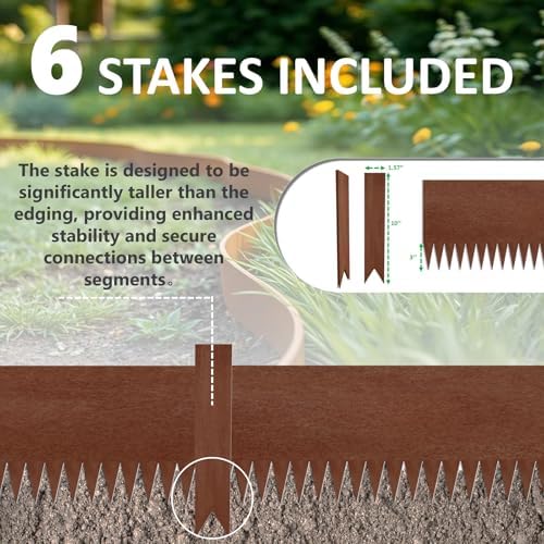 20ft. 6-Pack Cor-Ten Steel Landscape Edging - 40" L x 8" H Lawn Edging with 6 Stakes, Hammer-in Metal Garden Border for Landscaping, Lawn & Yard (Rusted) - Image 3
