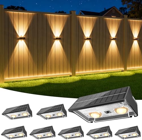 NIORSUN Solar Fence Lights Outdoor, 8 Pack Up and Down Waterproof Solar Wall Lights, Warm & Cool White + RGB, Fence Lights with Lens, Dusk to Dawn Lighting for Patio, Backyard, Pool, Railing (Black) by NIORSUN
