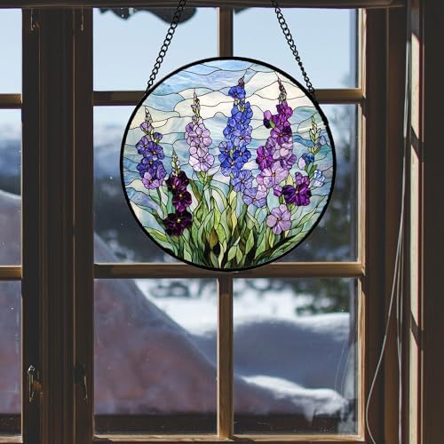 Stained Glass Window Hanging - Blue Purple Delphinium Suncatcher for Door Garden Home Decor Birth Flower Sun Catcher Birthday for Friend Lovers Women Mom Nana 15 in - Image 4