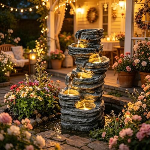 Freestanding Outdoor Fountain with Six-Tier Rock Design and LED Lighting - Image 6