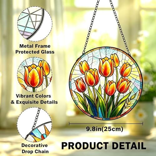 Stained Glass Window Hanging Suncatcher 9.8 Inch Tropical Sunset Beach with Palm Trees Colorful Glass Panel Sun Catcher for Window， Window Hanging Decor for Home， Housewarming Gift - Image 2