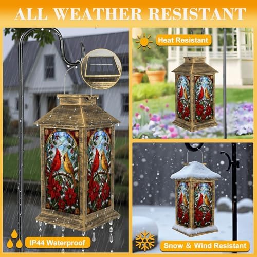Solar Lantern Outdoor Waterproof Cardinals Branch Stained Glass Style Poinsettia Flowers Winter Berries Garden Decor LED Hanging Solar Lights Tabletop Lamp Gifts for Women Mom Outside Yard Patio Porch - Image 3