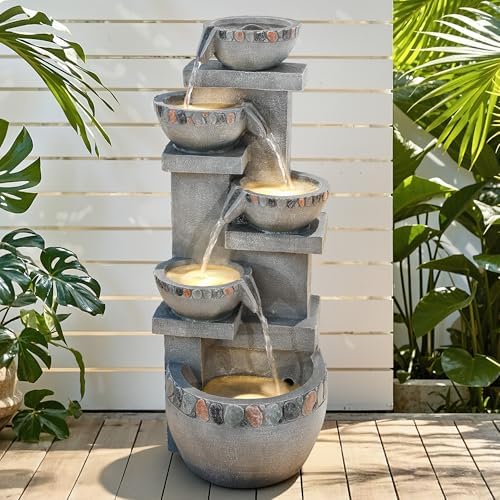 4-Tier Outdoor Water Fountain Outdoor with Pebbles and Warm LED Lights - Image 3