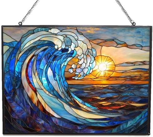 Rectangle Art Nouveau Spiral Great Wave Stained Glass Window Hanging, 15" W X 11" H Stained Glass Panel with Chain, Suncatchers for Windows Hanging Decorations, Gifts for Mom, Grandma by 365CUSGIFTS