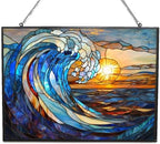 Rectangle Art Nouveau Spiral Great Wave Stained Glass Window Hanging, 15" W X 11" H Stained Glass Panel with Chain, Suncatchers for Windows Hanging Decorations, Gifts for Mom, Grandma by 365CUSGIFTS
