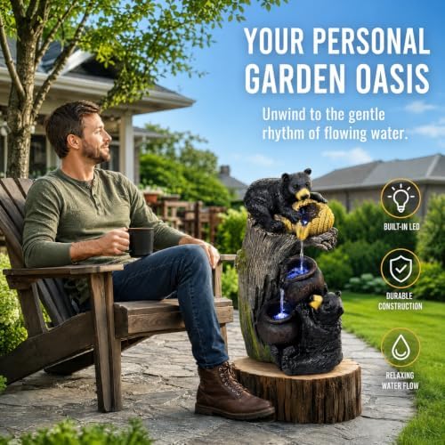 Outdoor Water Fountain with LED Lights, 23.6" Bear Tree Stump Cascading Water Feature, Resin Woodland Garden Fountain for Patio, Backyard, Porch, Yard, Housewarming Gift - Image 2