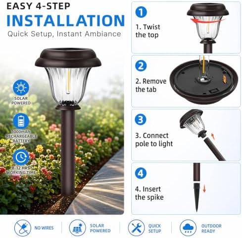 DERAYSION Solar Lights Outdoor, 6 Pack Brushed Stainless Steel Glass Solar Pathway Lights, Auto On/Off Long-Lasting Outdoor Solar Lights for Garden, Landscape, Path, Yard, 6000K Cold White - Image 5