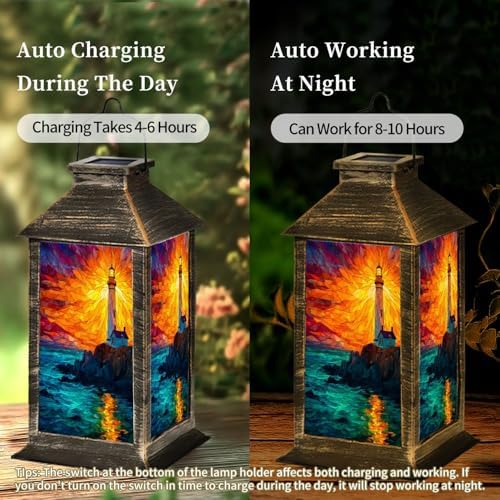Solar Lantern Sunset Stained Glass Lighthouse Outdoor Garden Hanging Lantern Waterproof Solar Powered Lighting Outside Table Lamp for Deck Yard Camping Patio Decor - Image 4