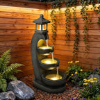 35.4" Outdoor Water Fountain, 3 Tier Bowl Cascading Freestanding Water Fountain, Lantern Style Garden Water Feature with LED Lights, Suitable for Patio Yard Porch Landscape, Grey by FammyLoft
