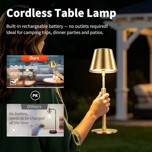 Outdoor Waterproof Rechargeable Cordless LED Table Lamp with Telescopic Pole and Wicker Shade, 5200mAh Touch Dimmable Battery Operated Table Light for Patio Restaurant Kitchen (Gold) - Image 7