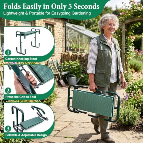 Adjustable Garden Kneeler and Seat with 5-Level Height, 660LBS Heavy Duty Folding Garden Bench Kneeler with Soft EVA Kneeling Pad & 2 Large Tool Pouches, Gardening Gifts for Seniors, Women, Elderly - Image 4