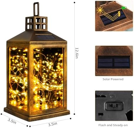 Solar Lantern Outdoor, Garden Hanging Lantern Solar Powered - Glass Waterproof Brushed Copper Solar Table Lantern Decorative Lights Flash and Steady-on Modes for Patio, Backyard, Garden - Image 5