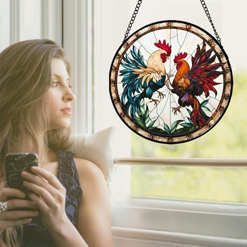Stained Glass Window Hanging - Funny Cockfighting Suncatcher for Door Terrace Garden Home Decor Red Blue Rooster Sun Catcher Birthday Gifts for Lovers Women Men Dad Mom Nana 15 in - Image 2