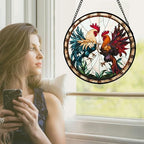 Stained Glass Window Hanging - Funny Cockfighting Suncatcher for Door Terrace Garden Home Decor Red Blue Rooster Sun Catcher Birthday Gifts for Lovers Women Men Dad Mom Nana 15 in - Image 2