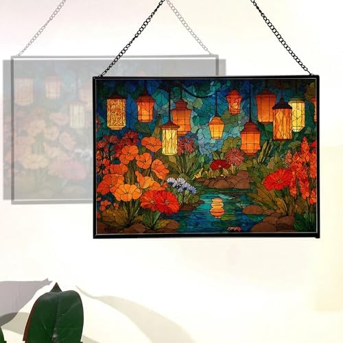 Twilight Garden with Floating Lanterns Rectangular Stained Glass Suncatcher – Hanging Window Panel with Animal & Nature Scene – Vibrant Glass Art Gift for Wildlife, Fantasy, Nature Lovers lsBhyO - Image 3