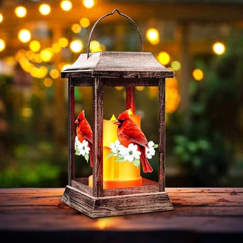 Solar Lanterns Outdoor Hanging Lanterns, Metal with Glass Cardinal Solar Lights, Waterproof Decorative Lantern Garden Decor for Outside Table Patio Yard, Memorial Gifts Grave Decorations for Cemetery by VOOKRY