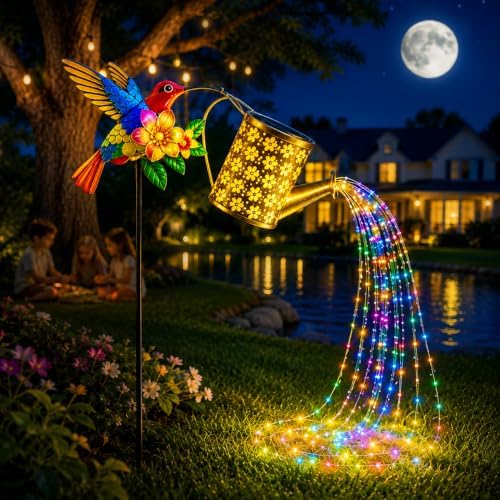 Solar Hummingbird Garden Lights with Watering Can Lantern, Pathway Lights for Garden Lawn Patio Pond Driveway Porch, Outdoor Decorative Lighting for Christmas Halloween Thanksgiving Spring Summer - Image 4
