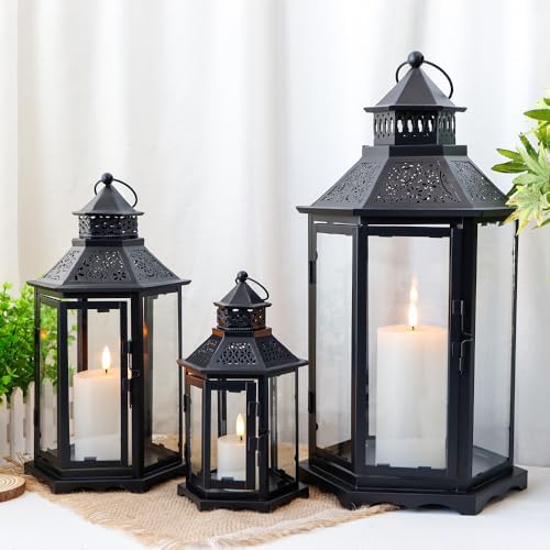TRIROCKS Set of 3 Decorative Candle Lanterns18''&13"&10" H Hexagonal Candle Holder Vintage Metal Hanging Lantern with Tempered Glass for Garden Patio Wedding Event Indoors Outdoors(Black) by TRIROCKS