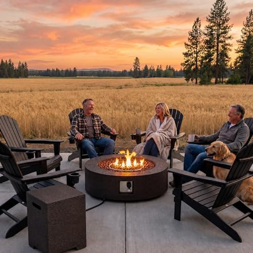 COSIEST 42 inch Outdoor Propane Fire Pit Coffee Table w Concrete Round Base Patio Heater, Certified, 50,000 BTU Stainless Steel Burner, Free Lava Rocks, Rain Cover, Tank Cover - Image 3