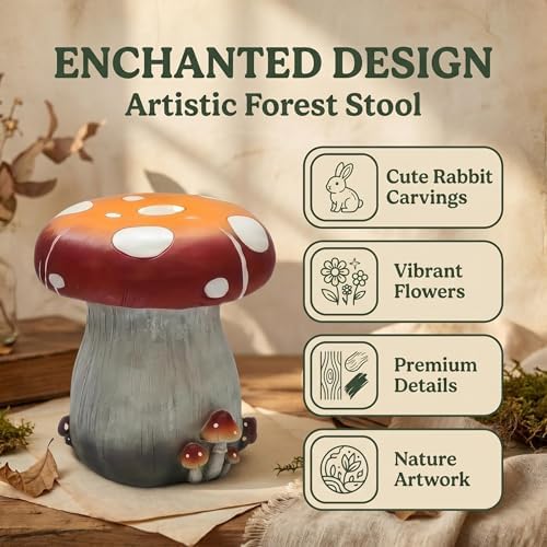 13.4" Outdoor Mushroom Ottoman with Rabbit Carvings - Image 3