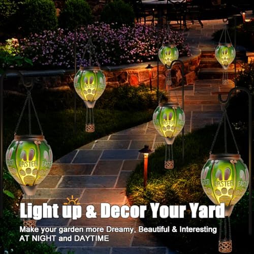 Easter Hot Air Balloon Solar Lantern - Bunny Glass Lantern, Simulated Flickering & Dancing Flame, Outdoor Hanging Yard Light Waterproof IP65 for Patio Lawn Porch Decor Rabbit Gift - Image 5