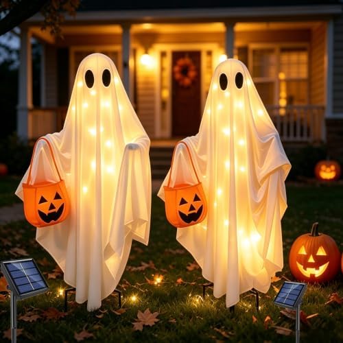 Solar Ghost Halloween Lights 2Pack Hanging Stake Yard Decor by ANLTDTC