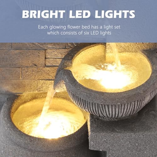 Grepatio Outdoor 4-Tiers Water Fountain, Garden Cascading Waterfalls Fountain with LED Lights, 32" H Modern Indoor/Outdoor Bowl Waterfall Feature Water Fountains for Garden, Patio, Yard Decor (Grey) - Image 2