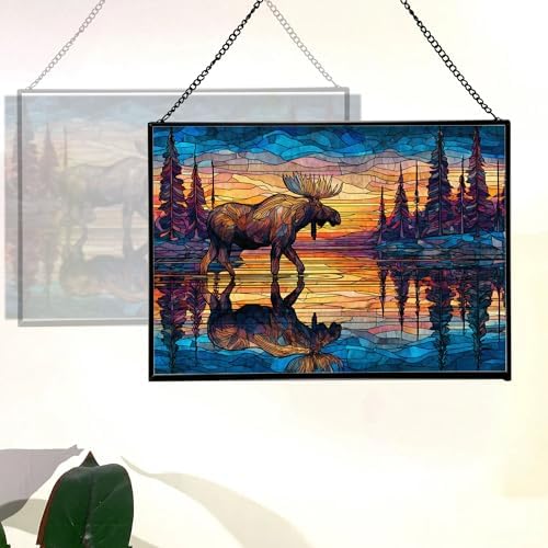 Moose Wading Through Shimmering Lake Rectangular Stained Glass Suncatcher – Hanging Window Panel with Animal & Nature Scene – Vibrant Glass Art Gift for Wildlife, Fantasy, Nature Lovers OAlBEX - Image 3