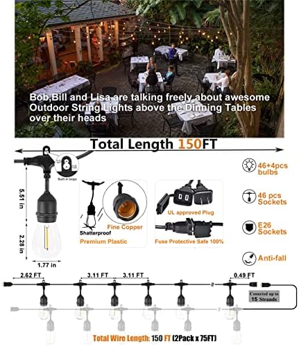 Achin Outdoor String Lights 150 Feet LED Waterproof Patio Lights with 50 Shatterproof Dimmable Warm Edison Bulbs String Lights for Outdoor Gazebo Bistro Wedding Birthday Party Lights, Connectable - Image 2
