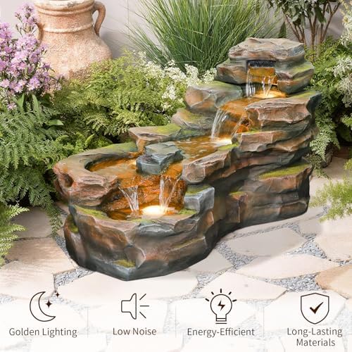 Sunlinua Water Fountain Outdoor Floor Standing 5-Tiers Rock Natural Waterfall Outdoor Garden Fountains with LED Lights for Patio, Porch, Home Art Decor - Image 3