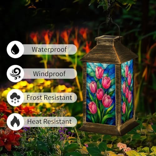 Solar Lantern Colorful Stained Glass Window Outdoor Waterproof Garden Hanging Lantern Solar Powered Lighting Outside Solar Light for Patio Yard Camping, Gifts for Women Mom - Image 3