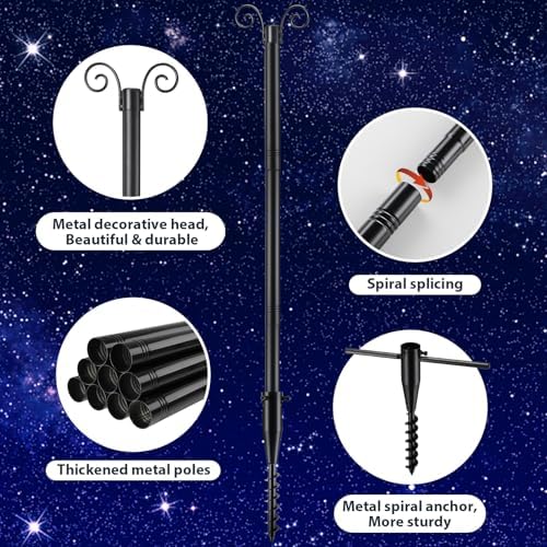 10FT String Light Poles with Spiral Ground Stakes, 38mm Adjustable Height Rustproof Metal Posts for Garden Lawn Patio, Christmas Wedding Party Outdoor Decoration (Black, 1 Pack) - Image 6