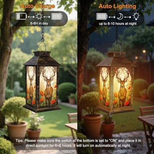 Solar Lantern Outdoor Garden Hanging Lantern Majestic Deer Large Antlers Ornate Vibrant Floral Forest Waterproof Solar Powered Lighting Outside Table Lamp for Patio Deck Yard Camping - Image 4