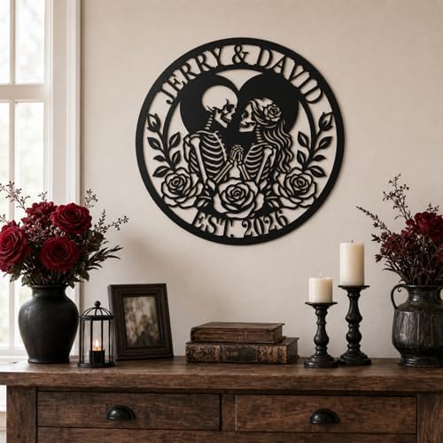 Personalized Skeleton Couple Metal Sign, Gothic Romantic Wall Art, Custom Skull Lovers Gift for Couples, Skeleton Rose Wall Sign, Metal Anniversary Wedding Decor(Style 11) - Image 5