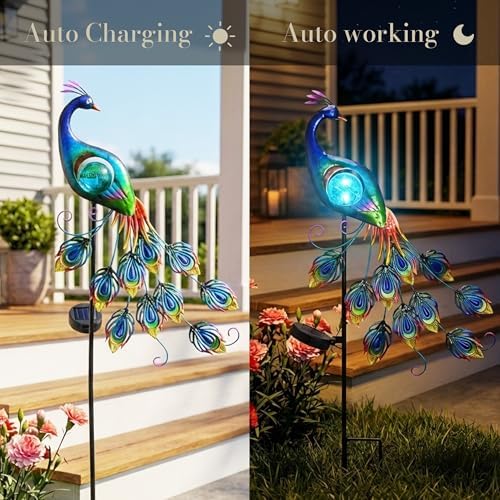TERESA'S COLLECTIONS Yard Decorations Outdoor for Garden Decor, Peacock Solar Outdoor Lights, 32'' Metal Lawn Ornaments for Outside with Crackle Glass Ball, Decorative Stake Gifts for Mom - Image 6